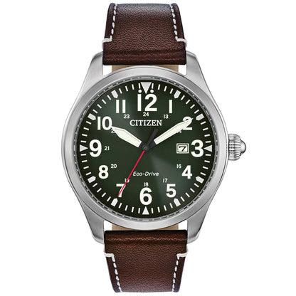 HOTCitizen Men's Sport Casual Garrison 3-Hand Date Eco-Drive Leather Strap Watch, Arabic Markers, Stainless Steel, Field Watch