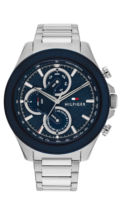 HOTTommy Hilfiger Men's Multifunction Quartz Watch – 46mm Stainless Steel Case, Racing-Inspired Design, 5 ATM Water Resistant, Elegant Modern Timepiece, Gift for Him