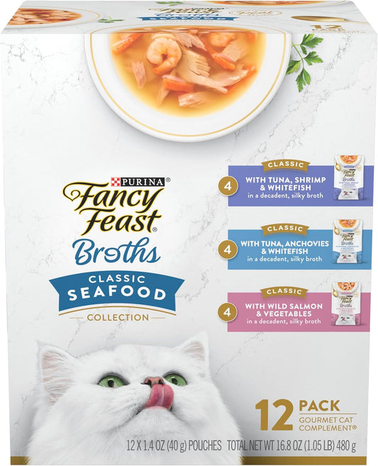 HOTPurina Fancy Feast Lickable Wet Cat Food Broth Complement Classics Collection Variety Pack - (Pack of 12) 1.4 oz. Pouches