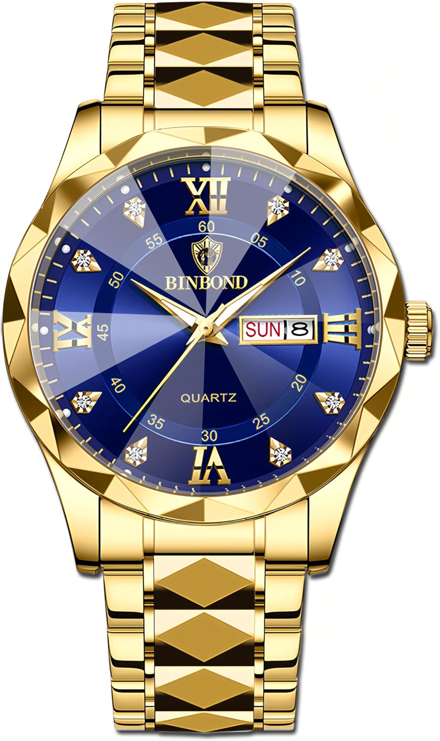 HOTGosasa Luxury Men's and Women's Business Diamond Stainless Steel Waterproof Roman Numeral Analog Quartz Watch with Day-Date Calendar, Gold and Silver Tone