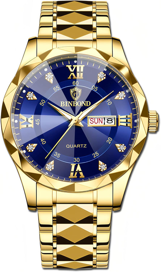 HOTGosasa Luxury Men's and Women's Business Diamond Stainless Steel Waterproof Roman Numeral Analog Quartz Watch with Day-Date Calendar, Gold and Silver Tone