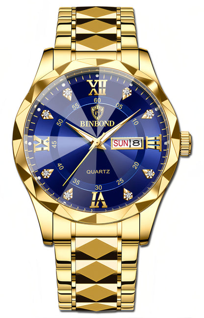 HOTGosasa Luxury Men's and Women's Business Diamond Stainless Steel Waterproof Roman Numeral Analog Quartz Watch with Day-Date Calendar, Gold and Silver Tone