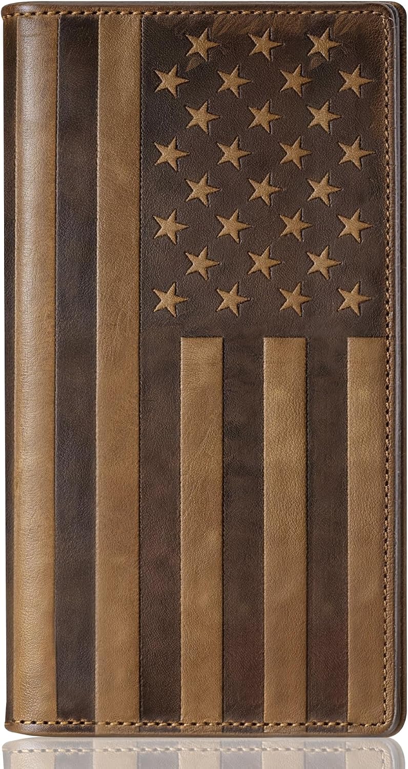 HOTEspera USA Flag Themed Genuine Leather Checkbook Cover for Men and Women, Check Book Covers for Personal Checkbook with Elastic Band