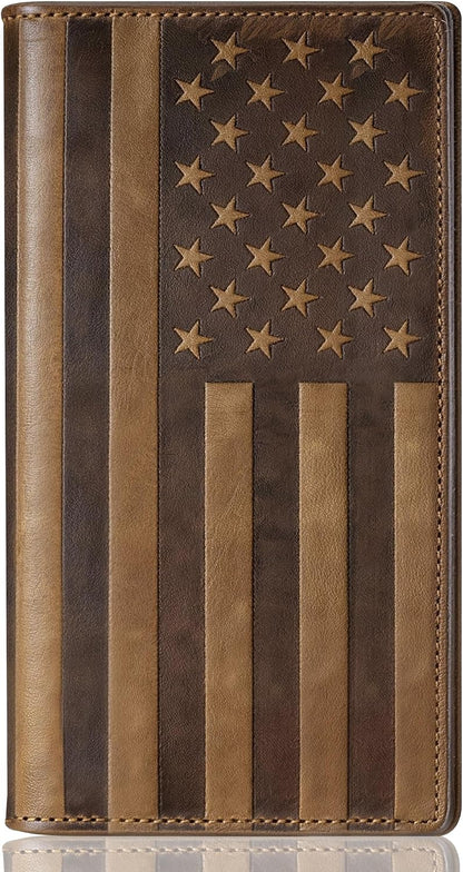HOTEspera USA Flag Themed Genuine Leather Checkbook Cover for Men and Women, Check Book Covers for Personal Checkbook with Elastic Band
