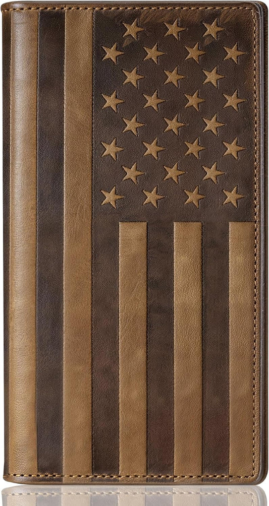 HOTEspera USA Flag Themed Genuine Leather Checkbook Cover for Men and Women, Check Book Covers for Personal Checkbook with Elastic Band