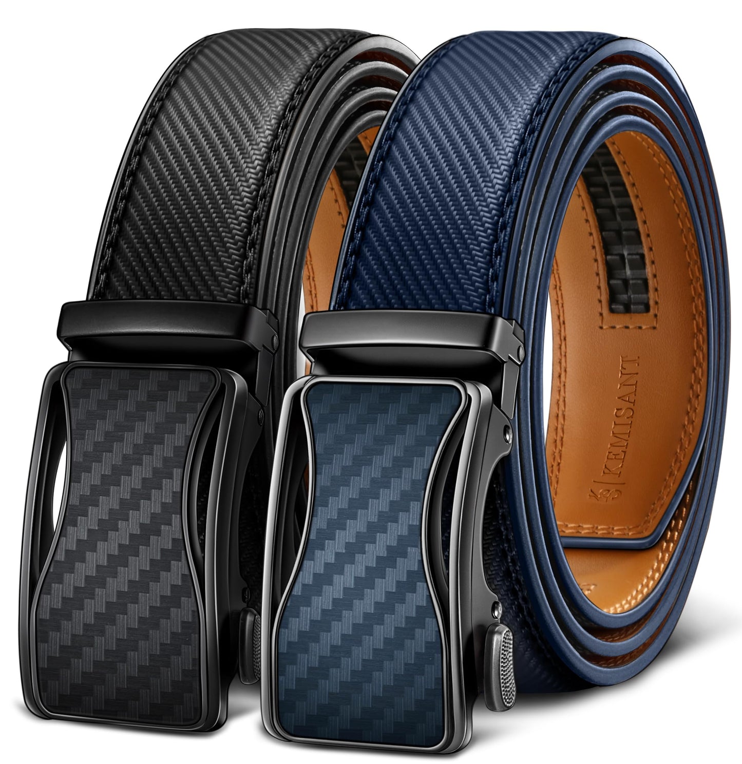 HOTKEMISANT Ratchet Belt For Men 2 Pack,Slide Leather Belt Adjustable For Gift Men Dress Casual Pants Jeans-Cut For Fit