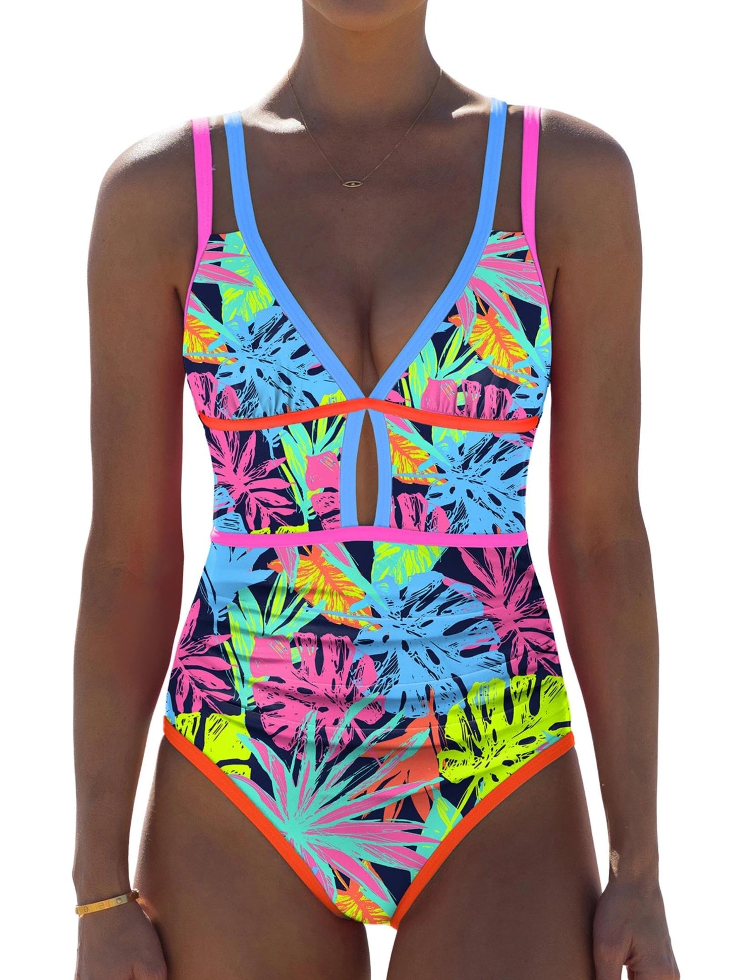 HOTpopvil Women One Piece Swimsuit 2026 Neon Tummy Control Bathing Suit | Tummy Ruched Design, Color Block, Cutout Design, Deep V Neck, Back tie,Adjustable Straps, Neon Trim,Vacation,Beach
