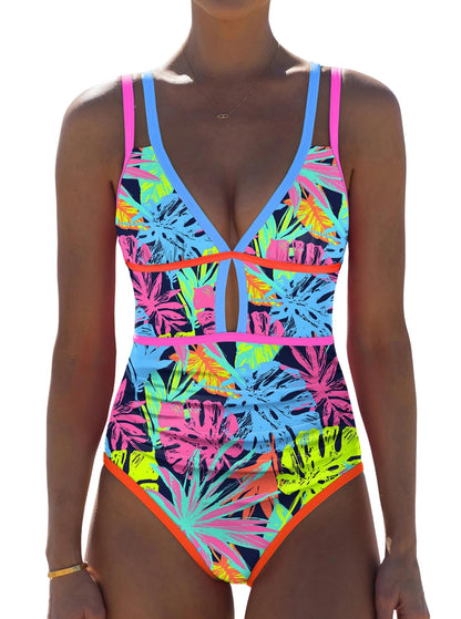 HOTpopvil Women One Piece Swimsuit 2026 Neon Tummy Control Bathing Suit | Tummy Ruched Design, Color Block, Cutout Design, Deep V Neck, Back tie,Adjustable Straps, Neon Trim,Vacation,Beach