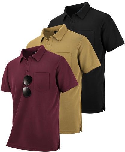 HOTZITY Men's 3 Pack Polo Shirts Short Sleeve with Pocket Moisture Wicking Casual Work Golf Lightweight Collared T-Shirts
