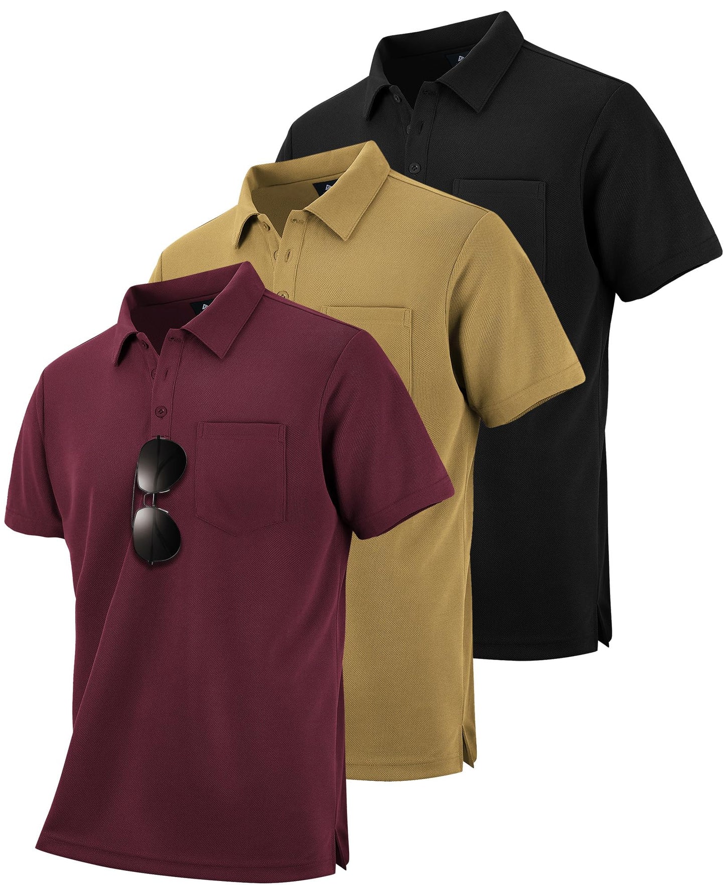 HOTZITY Men's 3 Pack Polo Shirts Short Sleeve with Pocket Moisture Wicking Casual Work Golf Lightweight Collared T-Shirts