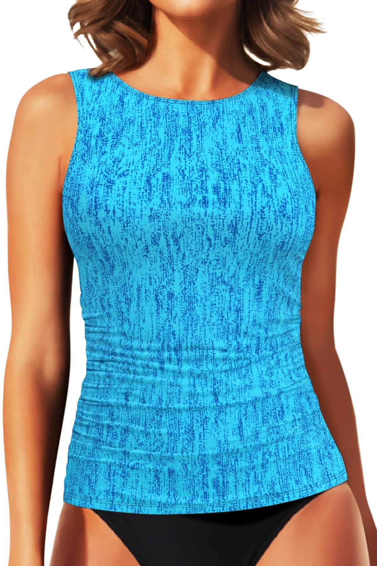 HOTDaci Tankini Tops for Women Tummy Control Swim Top Only | High Neck, Ruched Front, Full Coverage, Removable Pads, No Bottom, Soft Stretch Fabric, Fully Lined, Beach and Water Sports