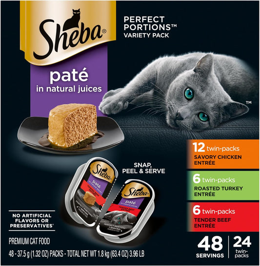 HOTSheba Perfect Portions Pate Wet Cat Food, Multipack, 2.6 oz, 24 ct | Grain-free, Chicken, Turkey & Beef, 48 servings, no artificial flavors/preservatives, complete & balanced, twin-pack trays