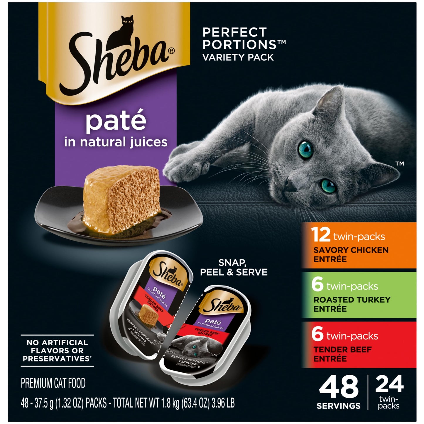HOTSheba Perfect Portions Pate Wet Cat Food, Multipack, 2.6 oz, 24 ct | Grain-free, Chicken, Turkey & Beef, 48 servings, no artificial flavors/preservatives, complete & balanced, twin-pack trays
