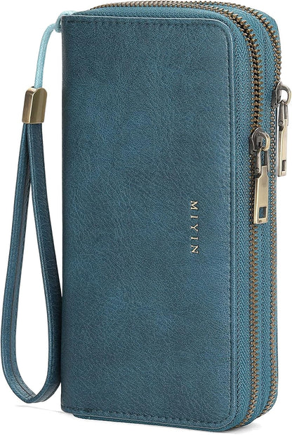 HOTGOIACII Wallets for Women RFID Blocking Double Zip Around Leather Wallet Wristlet Large Capacity Credit Card Holder Blue
