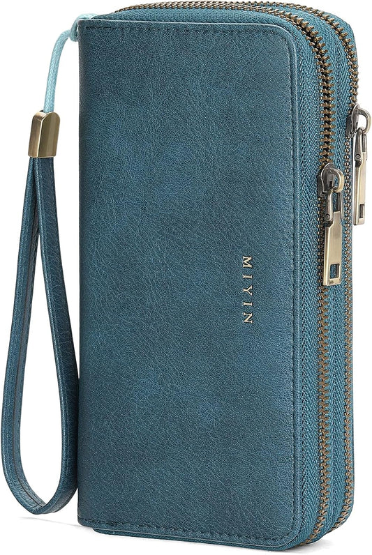 HOTGOIACII Wallets for Women RFID Blocking Double Zip Around Leather Wallet Wristlet Large Capacity Credit Card Holder Blue
