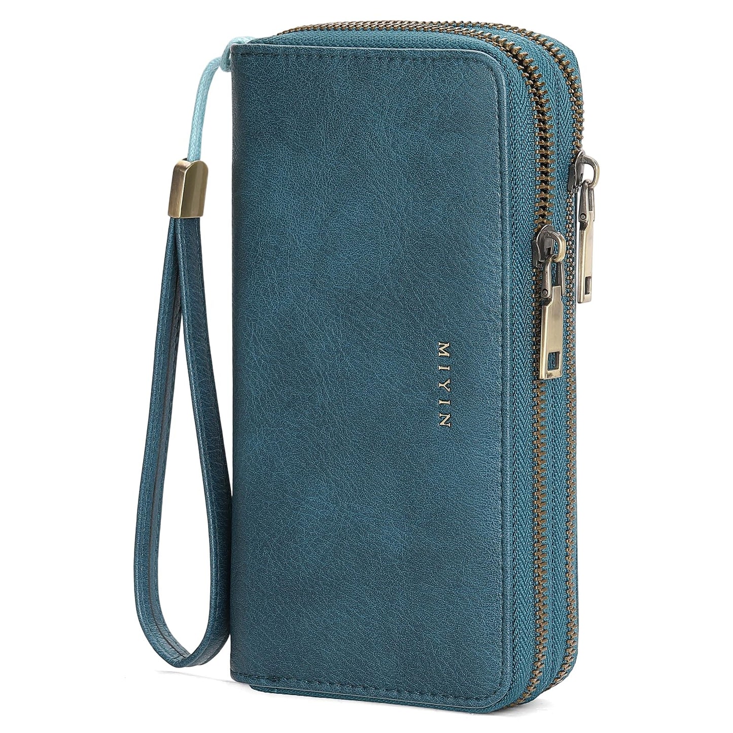 HOTGOIACII Wallets for Women RFID Blocking Double Zip Around Leather Wallet Wristlet Large Capacity Credit Card Holder Blue