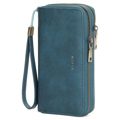 HOTGOIACII Wallets for Women RFID Blocking Double Zip Around Leather Wallet Wristlet Large Capacity Credit Card Holder Blue
