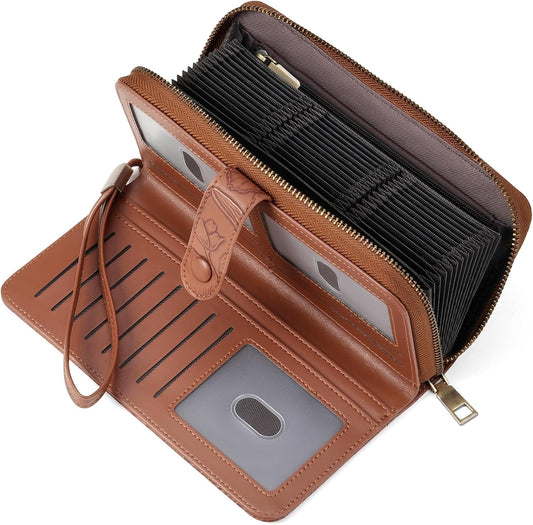 HOTSENDEFN Women's Credit Card Holder RFID Blocking Zip Around Leather Wallet Large Capacity Long Purse with Wristlet