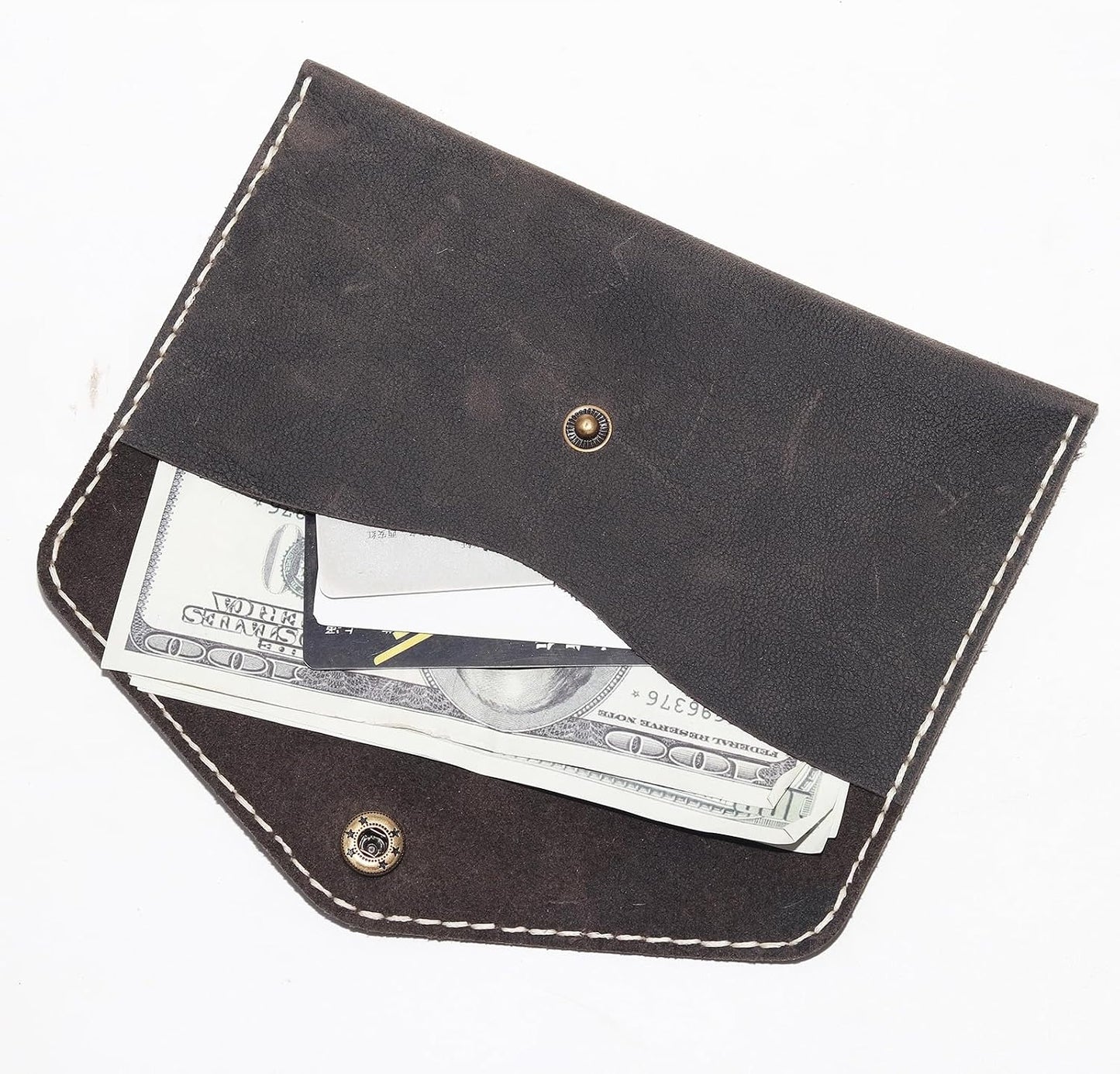 HOTHandcrafted Full-Grain Leather Envelope Wallet Artisan Stitching with Metal Snaps, Slim Card Holder & Cash Organizer (7.5x3.9in) (Black)