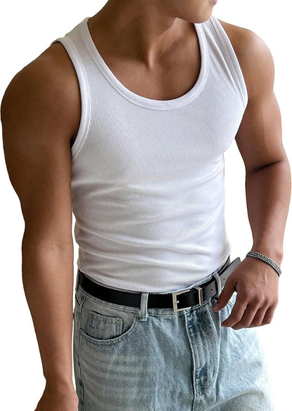 HOTCOZYEASE Men's Summer Sleeveless Tank Top Workout Gym Muscle Tank T Shirt | Workout Gym Casual Wear, Summer Basic Undershirt, Ribbed Knit Fabric, White Tank Top for Men