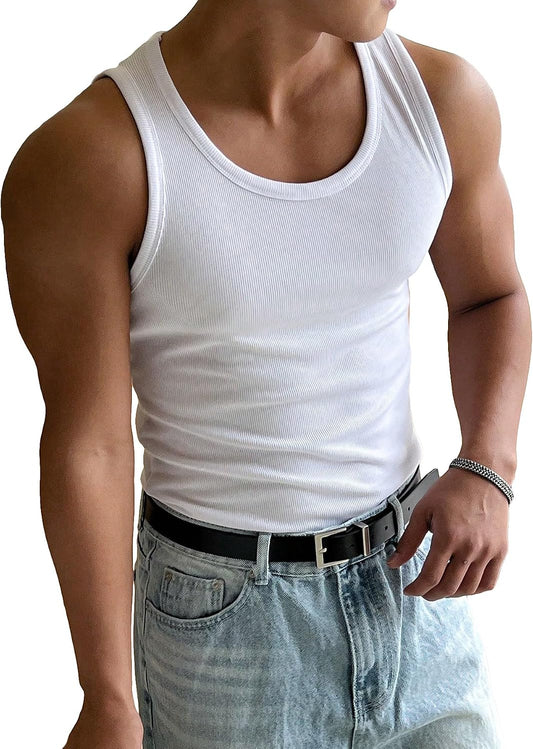 HOTCOZYEASE Men's Summer Sleeveless Tank Top Workout Gym Muscle Tank T Shirt | Workout Gym Casual Wear, Summer Basic Undershirt, Ribbed Knit Fabric, White Tank Top for Men