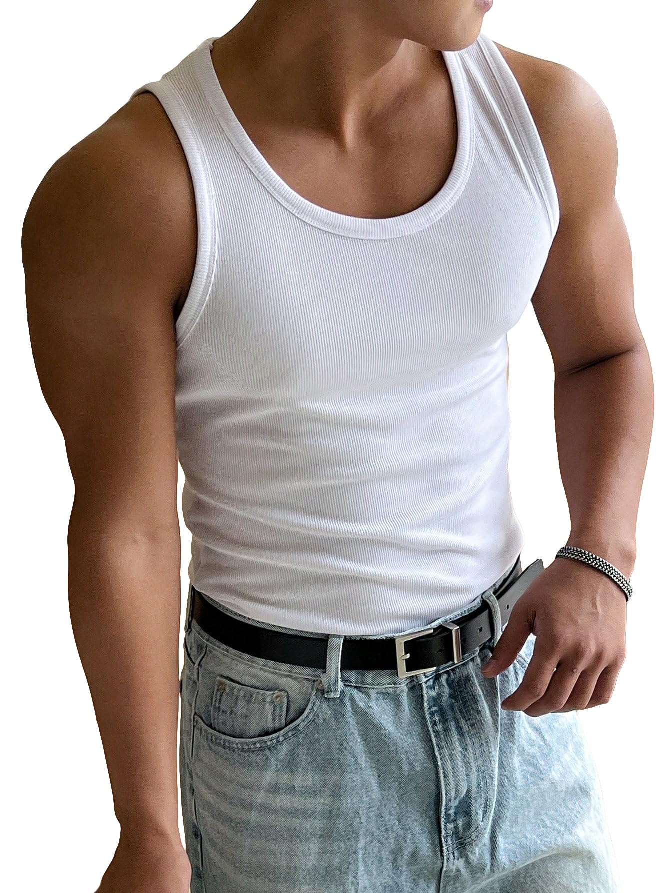HOTCOZYEASE Men's Summer Sleeveless Tank Top Workout Gym Muscle Tank T Shirt | Workout Gym Casual Wear, Summer Basic Undershirt, Ribbed Knit Fabric, White Tank Top for Men