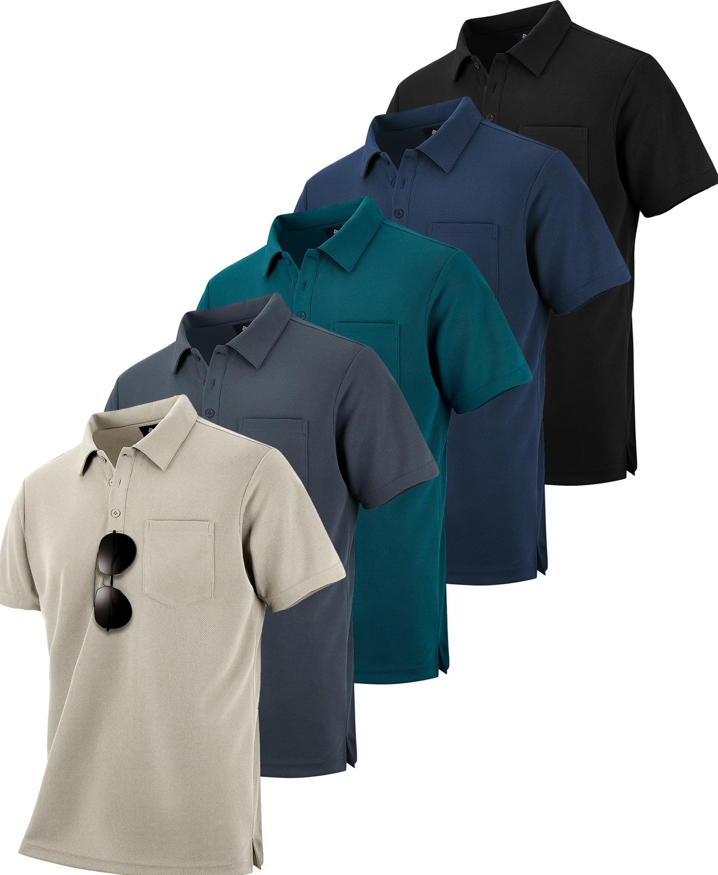 HOTZITY 5 Pack Polo Shirts for Men with Pocket Dry Quickly Short Sleeve Athletic Outdoor Work Collared Shirts