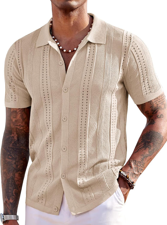 HOTCOOFANDY Men's Knit Shirts Short Sleeve Button Down Polo Shirt Fashion Casual Summer Beach Shirts