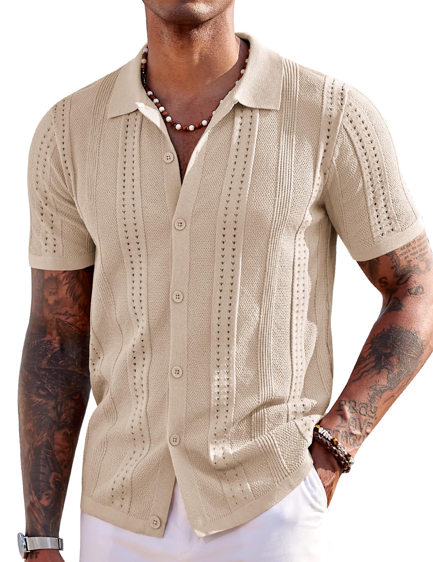 HOTCOOFANDY Men's Knit Shirts Short Sleeve Button Down Polo Shirt Fashion Casual Summer Beach Shirts