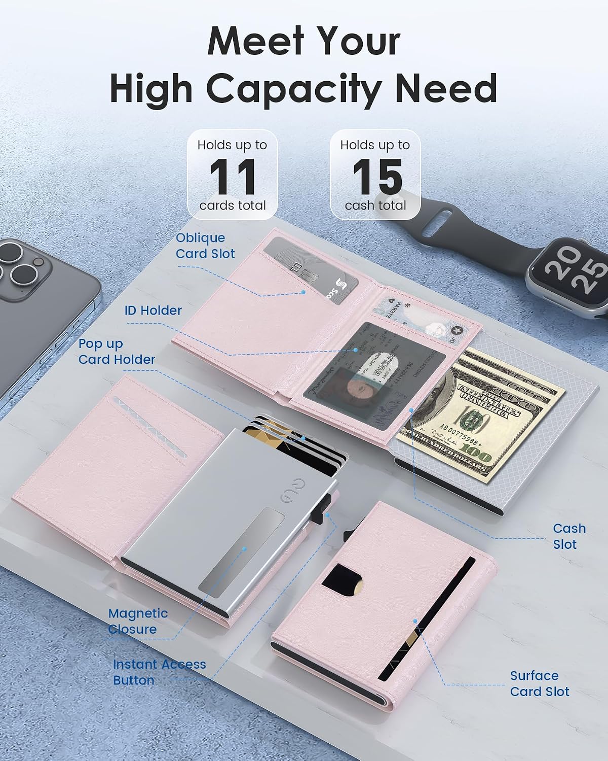 HOTQLD RFID Wallet Women - Small Slim Trifold Wallet Anti-Theft Pop up Card Holder, Minimalist, Ultra Thin, Front Pocket, Premium Leather, 9-11 Cards Capacity | ID Window | Cash Slot