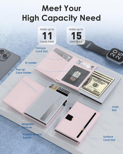 HOTQLD RFID Wallet Women - Small Slim Trifold Wallet Anti-Theft Pop up Card Holder, Minimalist, Ultra Thin, Front Pocket, Premium Leather, 9-11 Cards Capacity | ID Window | Cash Slot