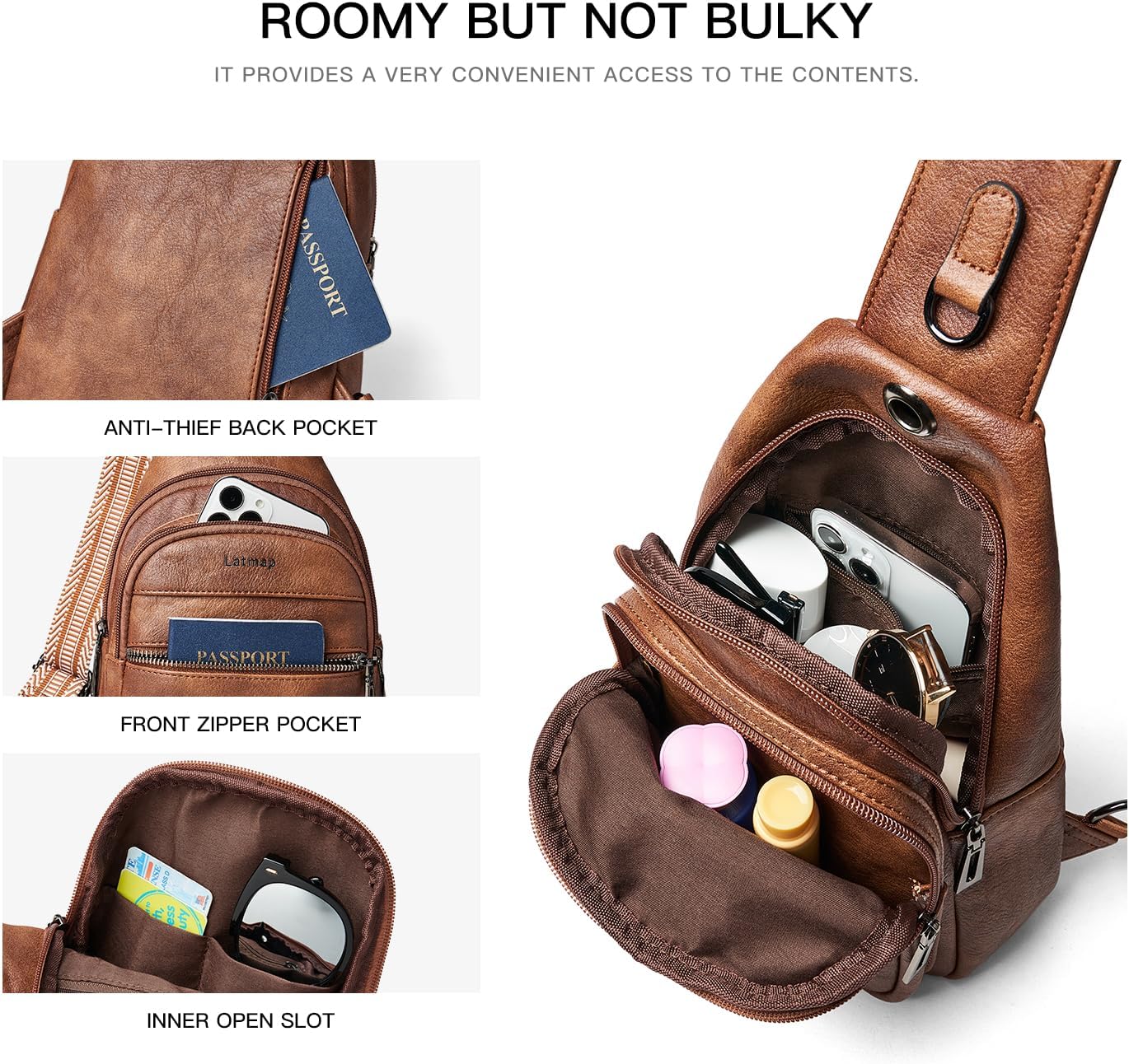HOTLATMAP 7L Sling Bag For Women Faux Leather Anti Theft Small Casual Daypack Backpack Fanny Pack Crossbody Chest Bags Purse Waterproof Brown