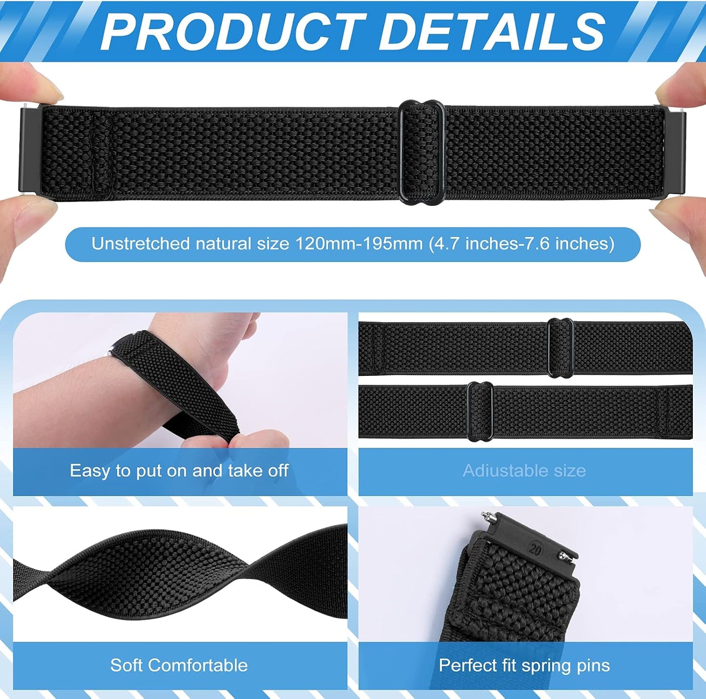 HOTCompatible with 16mm 18mm 19mm 20mm 22mm 24mm Watch Bands Quick Release Replacement Wristband,Adjustable Stretchy Nylon Solo Loop Straps Fabric Braided Sport Elastic Bands for Men Women