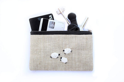 HOTEmbroidered sheep coin purse Small lamb wallet Linen zippered pouch for women Change wallet