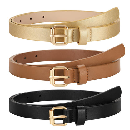 HOTTRIWORKS 3 Pack Women Skinny Leather Belt for Jeans Pants Dress Ladies Thin Waist Belt with Gold Buckle