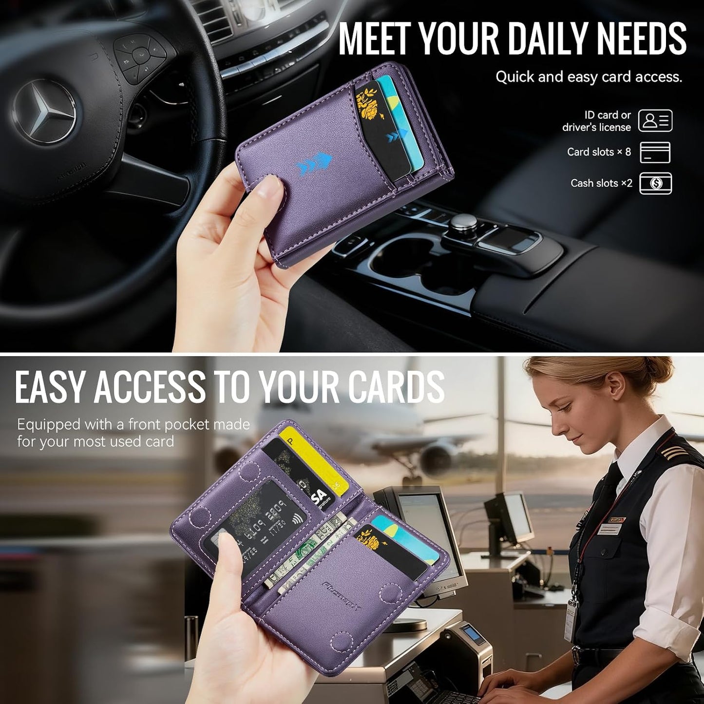 HOTSlim Wallet for Women RFID Blocking Credit Card Holder Bifold Front Pocket Mini Wallet with 8 Card Slots and 2 Cash Pockets, Minimalist PU Leather Small Travel Purse Compact Gift, Purple