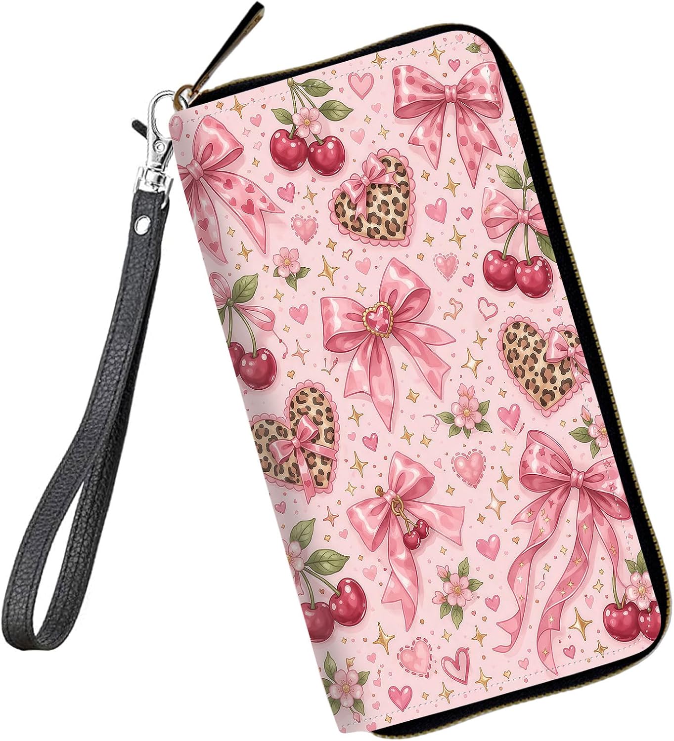 HOTWomens Wallet Large Capacity RFID Blocking Wristlet Wallets for Women Premium PU Leather Clutch Purse Phone Holder Travel Long Wallet, Gifts for Women Girls, Pink Bow Pattern