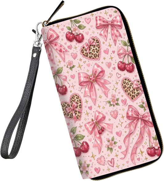 HOTWomens Wallet Large Capacity RFID Blocking Wristlet Wallets for Women Premium PU Leather Clutch Purse Phone Holder Travel Long Wallet, Gifts for Women Girls, Pink Bow Pattern