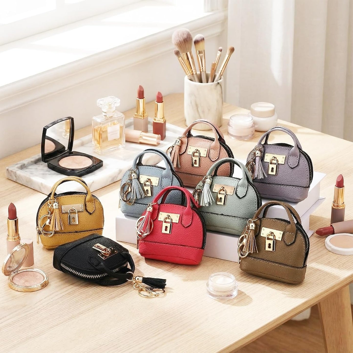 HOTLiliaafar 8 Pcs Mini Coin Purse Keychain for Women Mini Pouch Cute PU Leather Makeup Bag with Keychain Multi Pocket Card Holder (8 Colors)