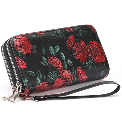 HOTGOIACII Women's Wallet Large Capacity Double Zip Ladies Card Phone Holder RFID Blocking Wristlet Leather