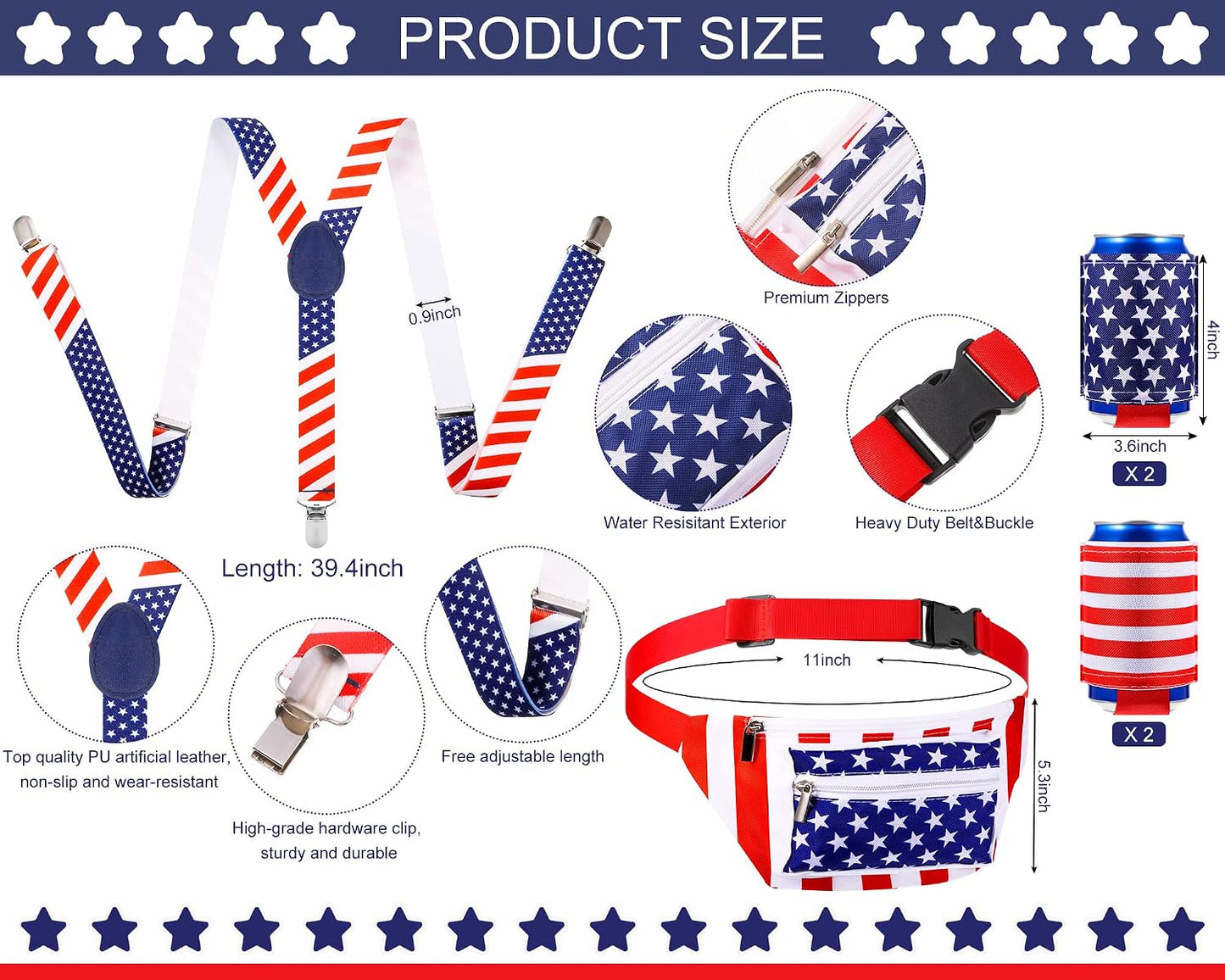 HOTTallew 9 Pcs 4th of July Fanny Pack American Flag Overalls 250 Years Patriotic American Flag Fanny Pack Beer Belt Suspenders Drink Holder Headband Wristband(Classic Style)