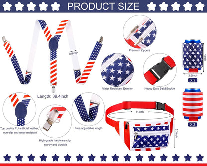 HOTTallew 9 Pcs 4th of July Fanny Pack American Flag Overalls 250 Years Patriotic American Flag Fanny Pack Beer Belt Suspenders Drink Holder Headband Wristband(Classic Style)
