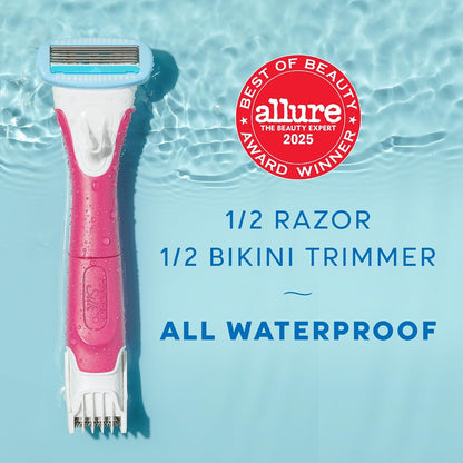HOTSchick Hydro Silk TrimStyle Razor with Bikini Trimmer for Women | 2-in-1 Bikini Razor for Women and Womens Trimmer for Pubic Hair, Includes 1 Waterproof Handle, 3 Refills & 1 AAA Battery