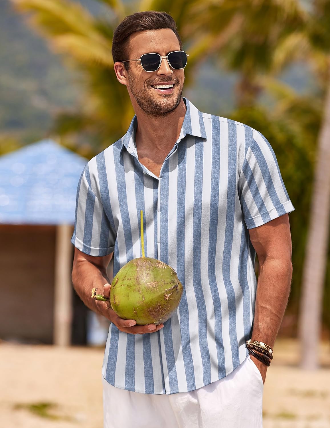 HOTCOOFANDY Men's Linen Shirts Short Sleeve Casual Shirts Button Down Shirt for Men Beach Summer Wedding Shirt