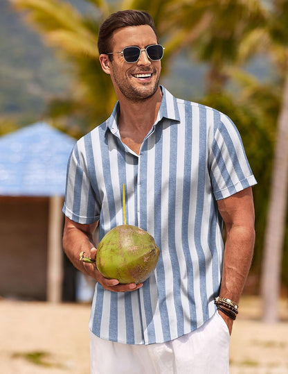 HOTCOOFANDY Men's Linen Shirts Short Sleeve Casual Shirts Button Down Shirt for Men Beach Summer Wedding Shirt