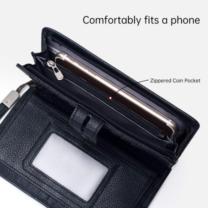 HOTBveyzi Women's Big Fat Rfid Leather Wristlet Wallet Organizer Large Phone Checkbook Holder with Zipper Pocket (Black)