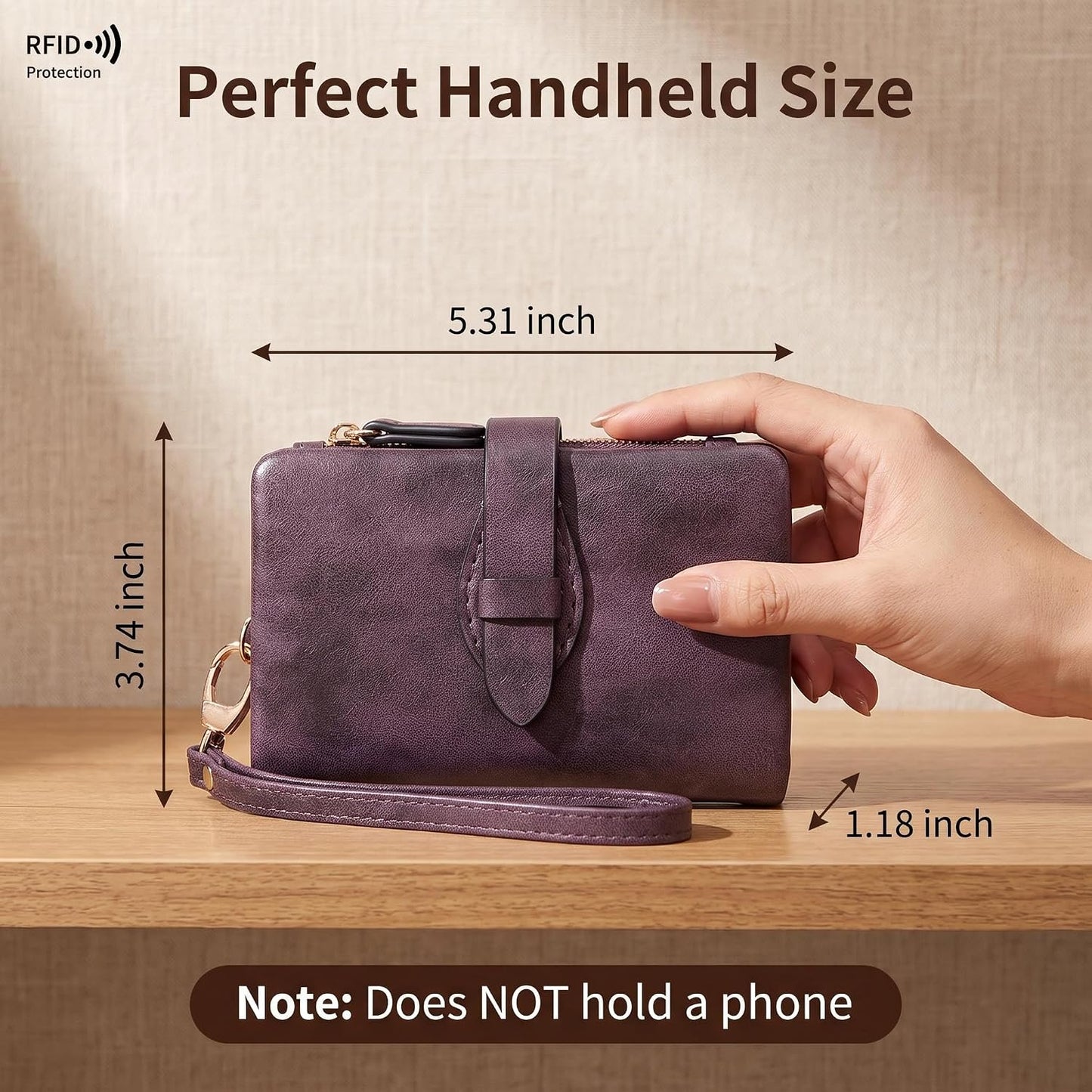 HOTSmall RFID Blocking Wristlet Wallet for Women – Soft PU Leather Bifold Trifold Wallet with 16 Card Slots, ID Window, Zipper Coin Pocket & Money Holder (Purple)