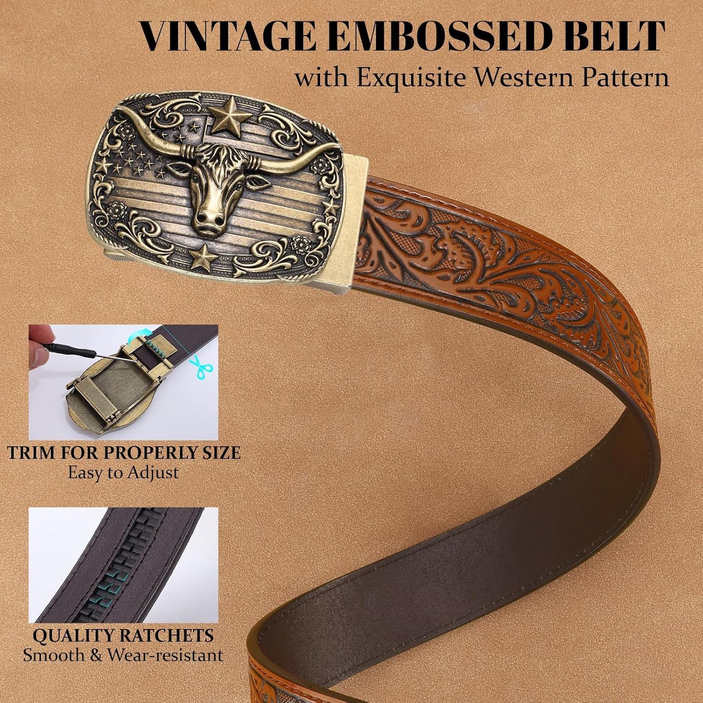 HOTSANSTHS Western Cowboy Ratchet Belts for Men Women Leather Cowboy Belt with Automatic Western Buckle for Jeans Gifts