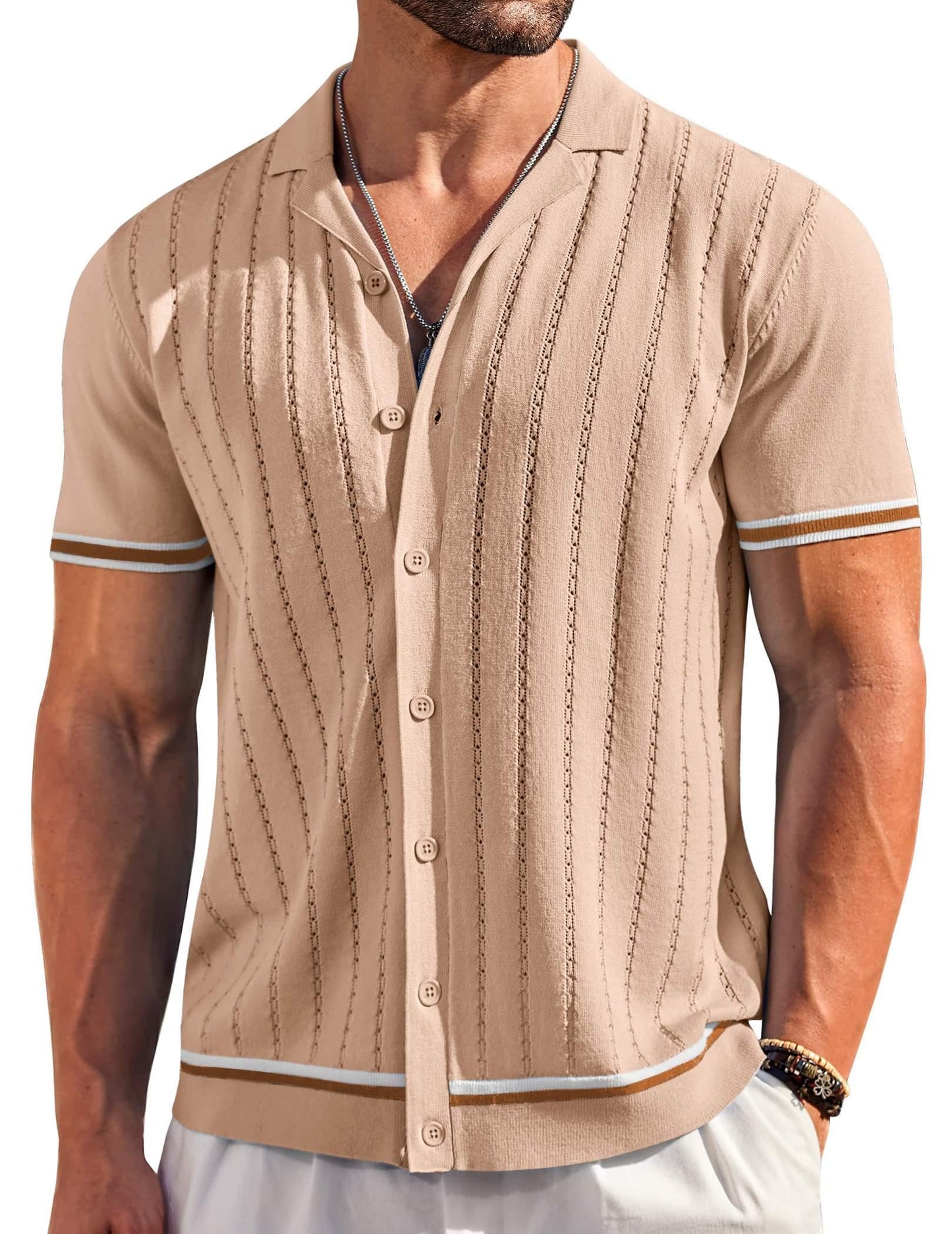 HOTCOOFANDY Men's Short Sleeve Knit Shirt Casual Button Down Shirt Vintage Striped Knitted Golf Beach Tops