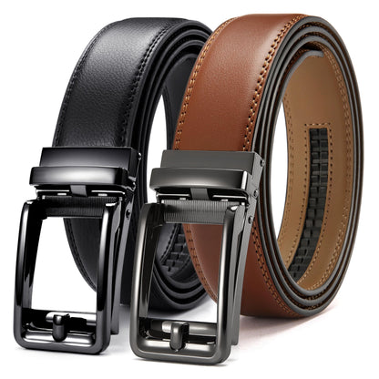 HOTCHAOREN Click Belts for Men 2 Pack - Mens Ratchet Leather Belt 1 3/8" for Dress and Casual - Micro Adjustable Belt Fit